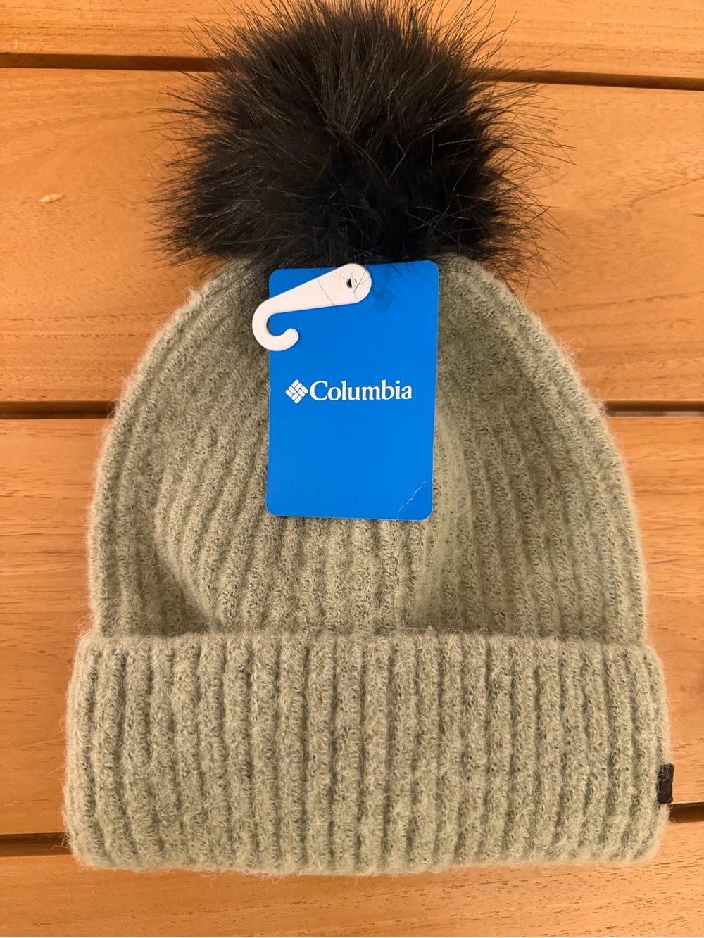 Columbia Sage Green Knit Beanie with Dark Faux Fur Pom